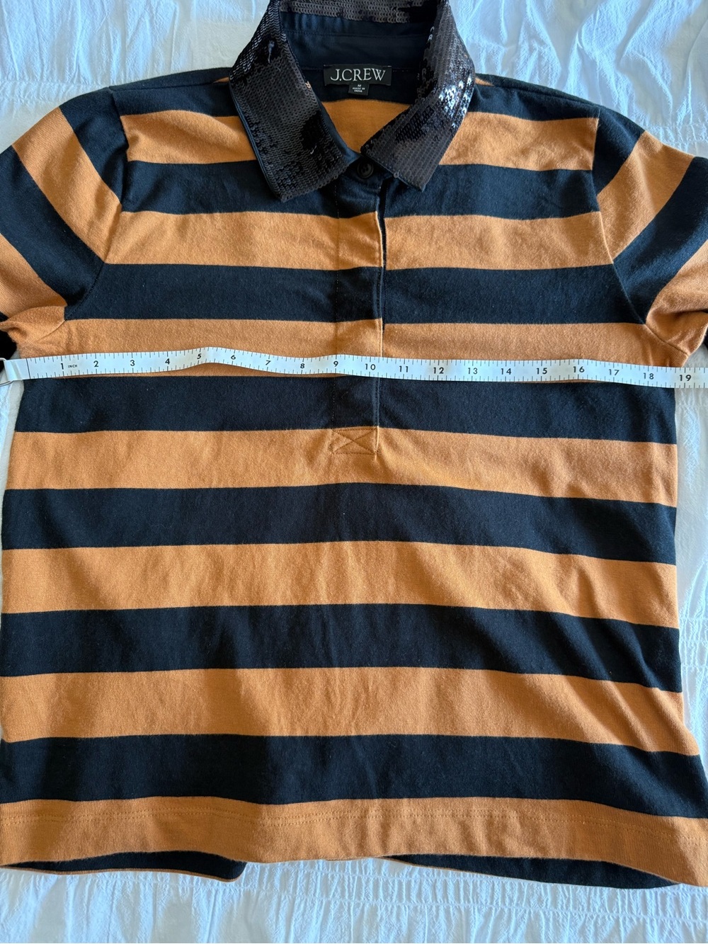 J. Crew Women’s Black and Orange Striped Rugby Polo with Sequin Collar Size M - Picture 7 of 10